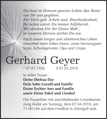 Traueranzeige von Gerhard Geyer von WVG - Wochenspiegel Wittenberg