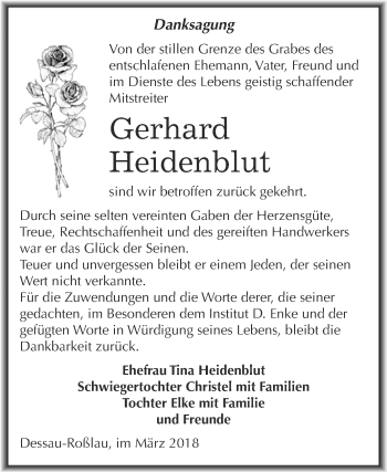 Traueranzeige von Gerhard Heidenblut von WVG - Wochenspiegel Dessau / Köthen
