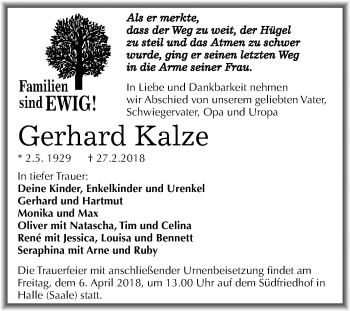 Traueranzeige von Gerhard Kalze von Mitteldeutsche Zeitung Halle/Saalkreis