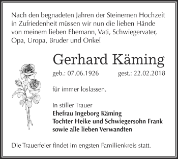 Traueranzeige von Gerhard Käming von WVG - Wochenspiegel Dessau / Köthen