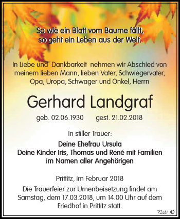 Traueranzeige von Gerhard Landgraf von Mitteldeutsche Zeitung Weißenfels
