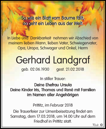Traueranzeige von Gerhard Landgraf von WVG - Wochenspiegel NMB / WSF / ZTZ