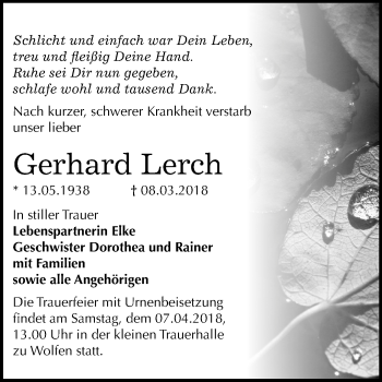 Traueranzeige von Gerhard Lerch von Mitteldeutsche Zeitung Bitterfeld