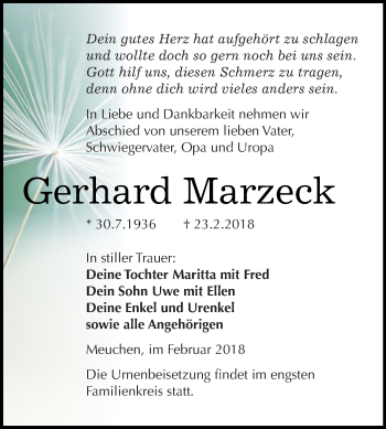 Traueranzeige von Gerhard Marzeck von Super Sonntag Merseburg
