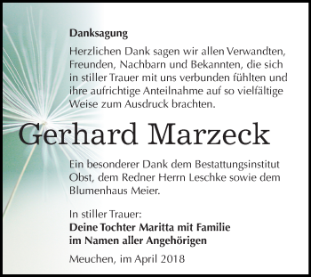 Traueranzeige von Gerhard Marzeck von Mitteldeutsche Zeitung Weißenfels