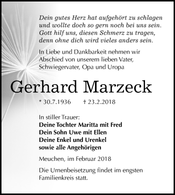 Traueranzeige von Gerhard Marzeck von Mitteldeutsche Zeitung Weißenfels