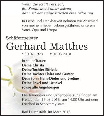 Traueranzeige von Gerhard Matther von WVG - Wochenspiegel Merseburg