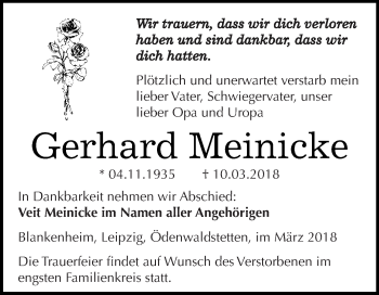 Traueranzeige von Gerhard Meinicke von Super Sonntag SGH Mansf. Land