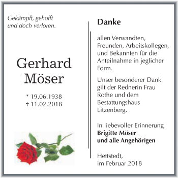Traueranzeige von Gerhard Möser von Super Sonntag SGH Mansf. Land