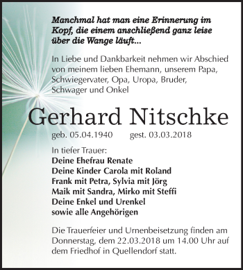 Traueranzeige von Gerhard Nitschke von Mitteldeutsche Zeitung Köthen