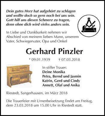 Traueranzeige von Gerhard Pinzler von Super Sonntag SGH Mansf. Land