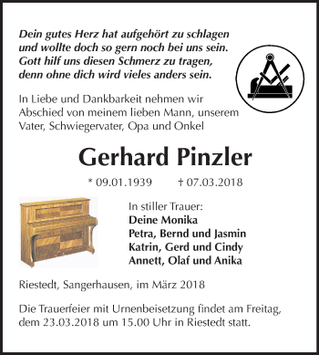 Traueranzeige von Gerhard Pinzler von Mitteldeutsche Zeitung Sangerhausen