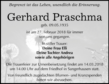 Traueranzeige von Gerhard Praschma von Mitteldeutsche Zeitung Sangerhausen