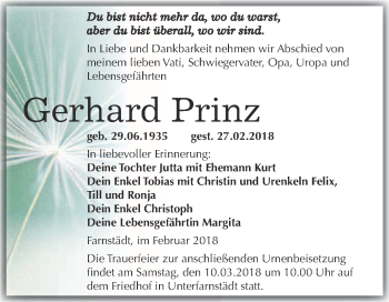 Traueranzeige von Gerhard Prinz von WVG - Wochenspiegel Merseburg