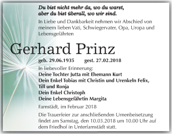 Traueranzeige von Gerhard Prinz von Mitteldeutsche Zeitung Merseburg/Querfurt