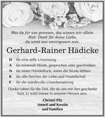 Traueranzeige von Gerhard-Rainer Hädicke von Mitteldeutsche Zeitung Bernburg