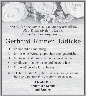 Traueranzeige von Gerhard-Rainer Hädicke von Super Sonntag Bernburg