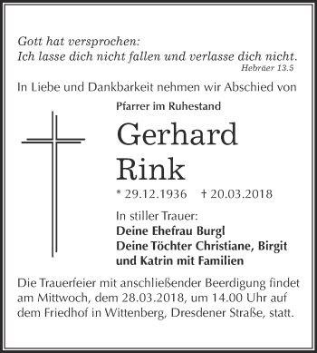 Traueranzeige von Gerhard Rink von WVG - Wochenspiegel Wittenberg