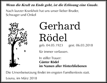 Traueranzeige von Gerhard Rödel von Mitteldeutsche Zeitung Merseburg/Querfurt