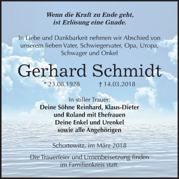 Traueranzeige von Gerhard Schmidt von Mitteldeutsche Zeitung Köthen