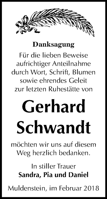 Traueranzeige von Gerhard Schwandt von Mitteldeutsche Zeitung Bitterfeld