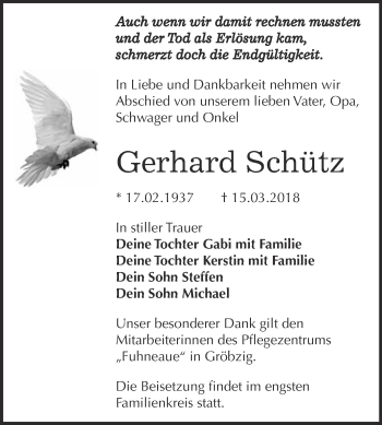Traueranzeige von Gerhard Schütz von WVG - Wochenspiegel Dessau / Köthen