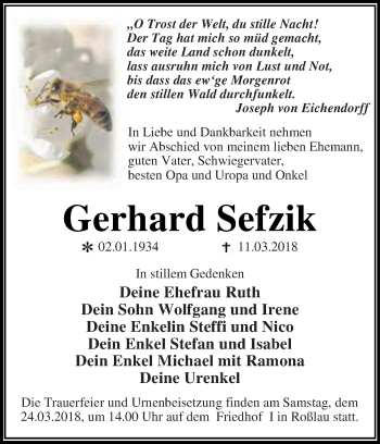 Traueranzeige von Gerhard Sefzik von WVG - Wochenspiegel Dessau / Köthen