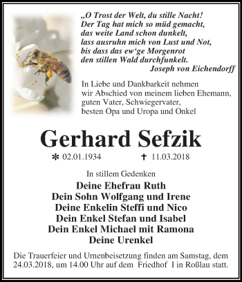 Traueranzeige von Gerhard Sefzik von Mitteldeutsche Zeitung Dessau-Roßlau