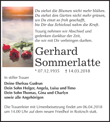 Traueranzeige von Gerhard Sommerlatte von Mitteldeutsche Zeitung Bitterfeld