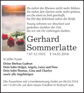 Traueranzeige von Gerhard Sommerlatte von WVG - Wochenspiegel Bitterfeld