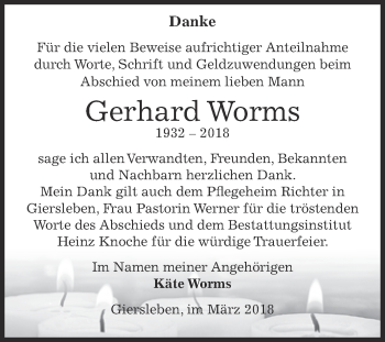 Traueranzeige von Gerhard Worms von Super Sonntag Aschersleben