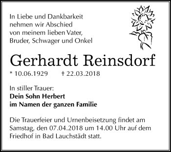Traueranzeige von Gerhardt Reinsdorf von Mitteldeutsche Zeitung Merseburg/Querfurt