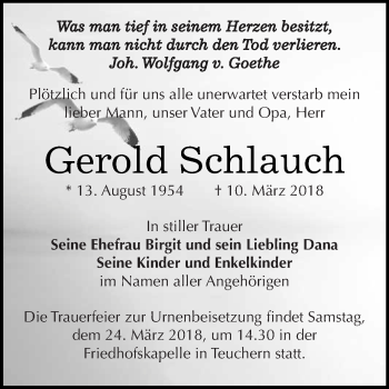 Traueranzeige von Gerold Schlauch von WVG - Wochenspiegel NMB / WSF / ZTZ