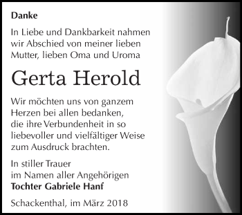 Traueranzeige von Gerta Herold von Super Sonntag Aschersleben