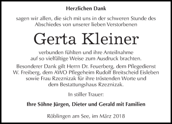 Traueranzeige von Gerta Kleiner von Super Sonntag SGH Mansf. Land