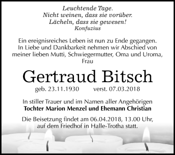 Traueranzeige von Gertraud Bitsch von Mitteldeutsche Zeitung