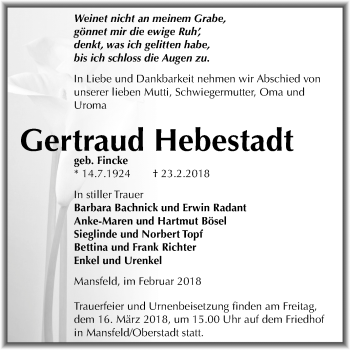 Traueranzeige von Gertraud Hebestadt von Mitteldeutsche Zeitung