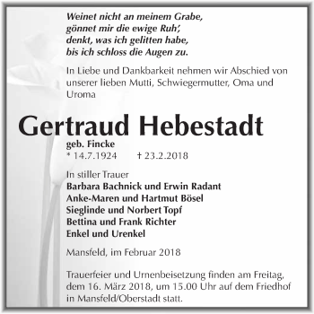 Traueranzeige von Gertraud Hebestadt von Wochenspiegel Mansfelder Land