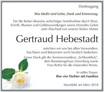 Traueranzeige von Gertraud Hebestadt von Mitteldeutsche Zeitung