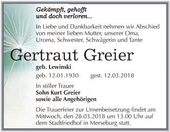 Traueranzeige von Gertraut Greier von WVG - Wochenspiegel Merseburg