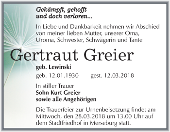 Traueranzeige von Gertraut Greier von Mitteldeutsche Zeitung