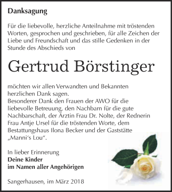 Traueranzeige von Gertrud Börstinger von WVG - Wochenspiegel SGH
