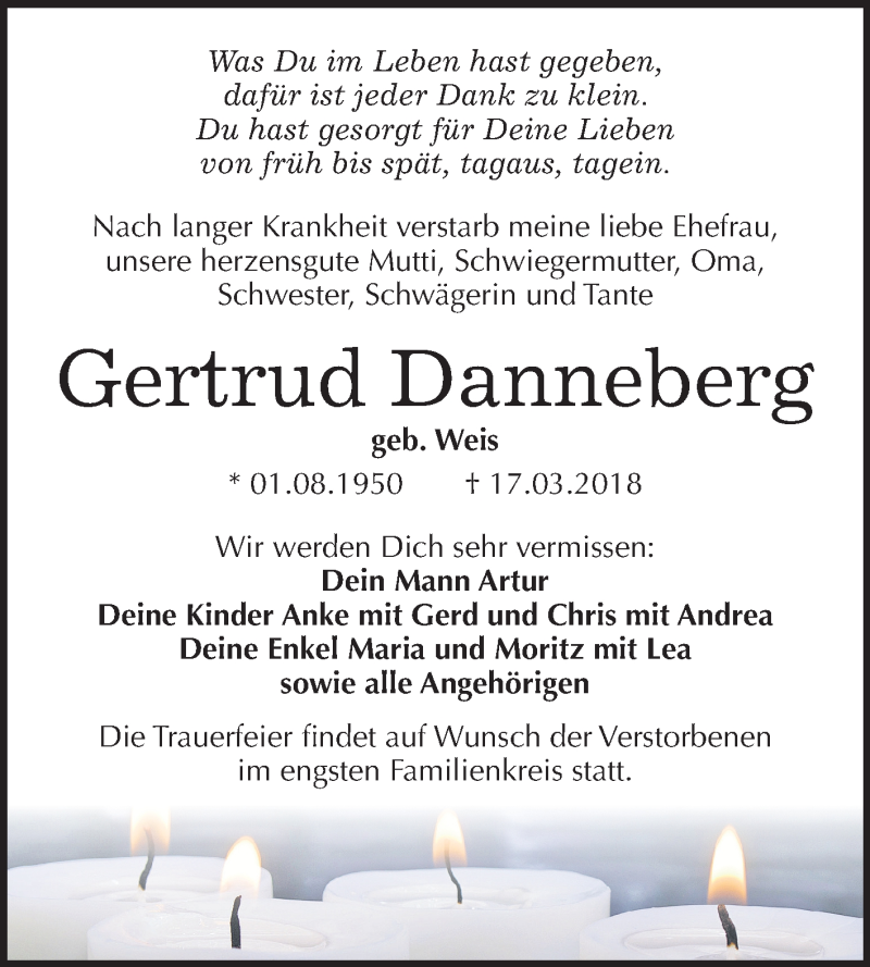  Traueranzeige für Gertrud Danneberg vom 21.03.2018 aus Mitteldeutsche Zeitung Sangerhausen