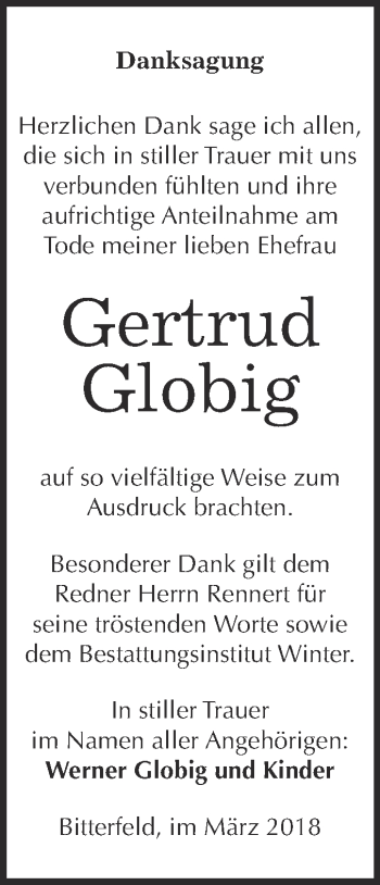 Traueranzeige von Gertrud Globig von WVG - Wochenspiegel Bitterfeld