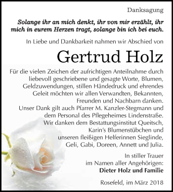 Traueranzeige von Gertrud Holz von WVG - Wochenspiegel Dessau / Köthen