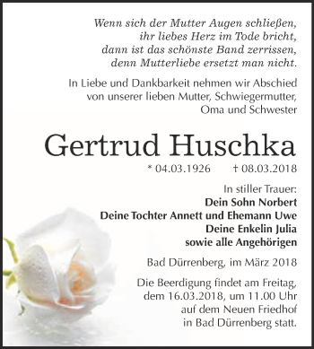 Traueranzeige von Gertrud Huschka von Super Sonntag Merseburg