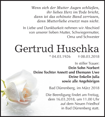 Traueranzeige von Gertrud Huschka von Mitteldeutsche Zeitung Merseburg/Querfurt