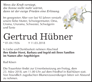 Traueranzeige von Gertrud Hübner von Mitteldeutsche Zeitung