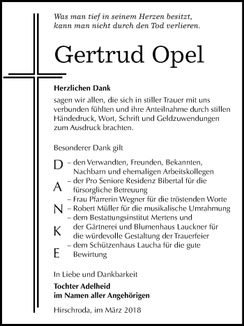 Traueranzeige von Gertrud Opel von Mitteldeutsche Zeitung