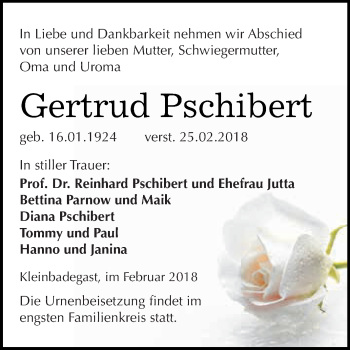 Traueranzeige von Gertrud Pschibert von WVG - Wochenspiegel Dessau / Köthen